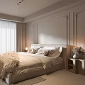 Elegant Modern Bedroom Interior With King Bed Neutral Bedding Bedside Table And Curtains
