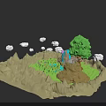 Microlandscape Scene In Low Poly Style With Mountains Green Trees Small Houses Pond And Paths
