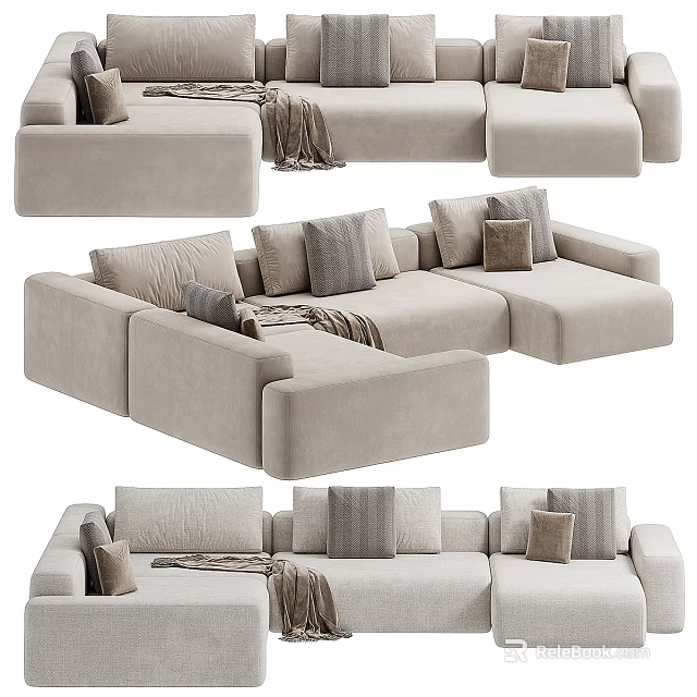 Cozy Beige Fabric L shaped Sectional Sofa With Soft Cushions And Throw Blanket 3d model 