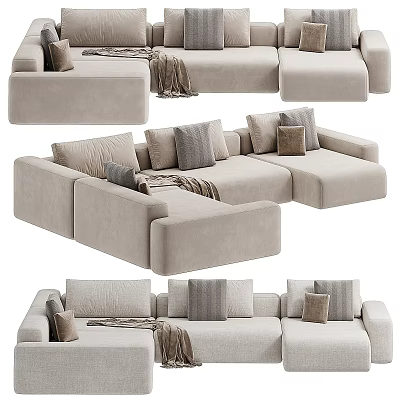 Cozy Beige Fabric L shaped Sectional Sofa With Soft Cushions And Throw Blanket 3d model