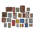 Various Colored Corrugated Metal Sheets With Rusted Textures On Dark Background