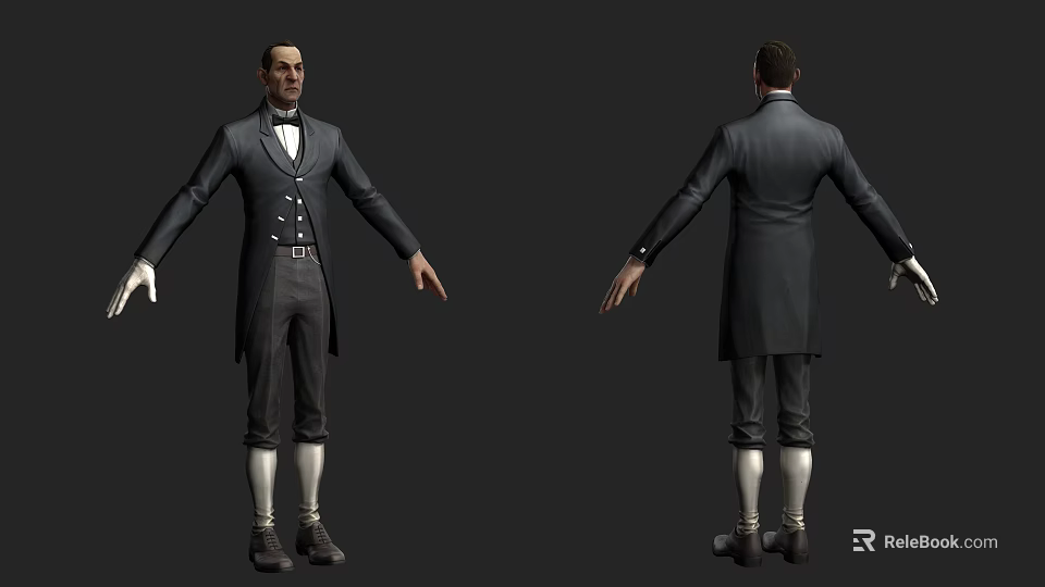 Man In Tailcoat Trousers White Socks And Shoes 3D Model Front Back Views 3d model 