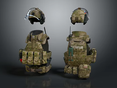 Tactical Gear Storage Bag With Multiple Pockets Camouflage Design And Helmet Accessories 3d model