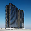 Modern Hotel Building with Twin Tall Glass Curtain Wall Entrance and Green Plants