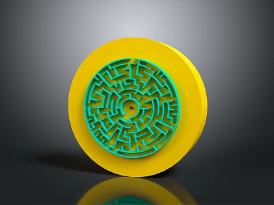 Contemporary Circular Furniture Decor Piece With Yellow Base And Green Maze Pattern 3d model