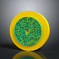 Contemporary Circular Furniture Decor Piece With Yellow Base And Green Maze Pattern