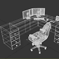 Black L Shaped Office Desk With Drawers Blue Accents Monitor And Office Chair