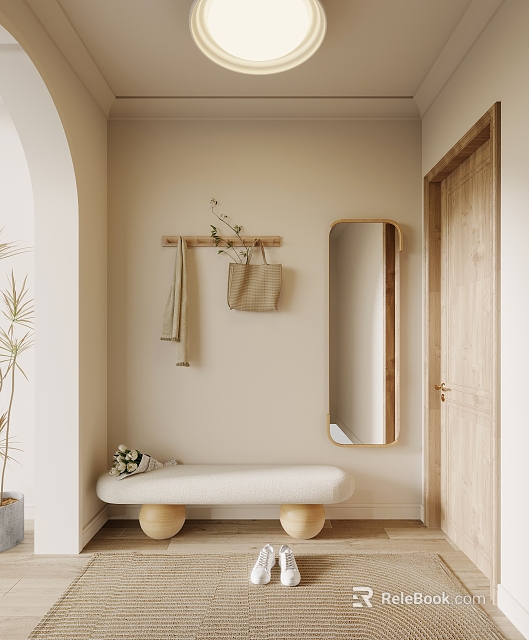 Cozy Entryway Cabinet Side Cabinet With Long Mirror Hook Rack And Upholstered Bench 3d model 