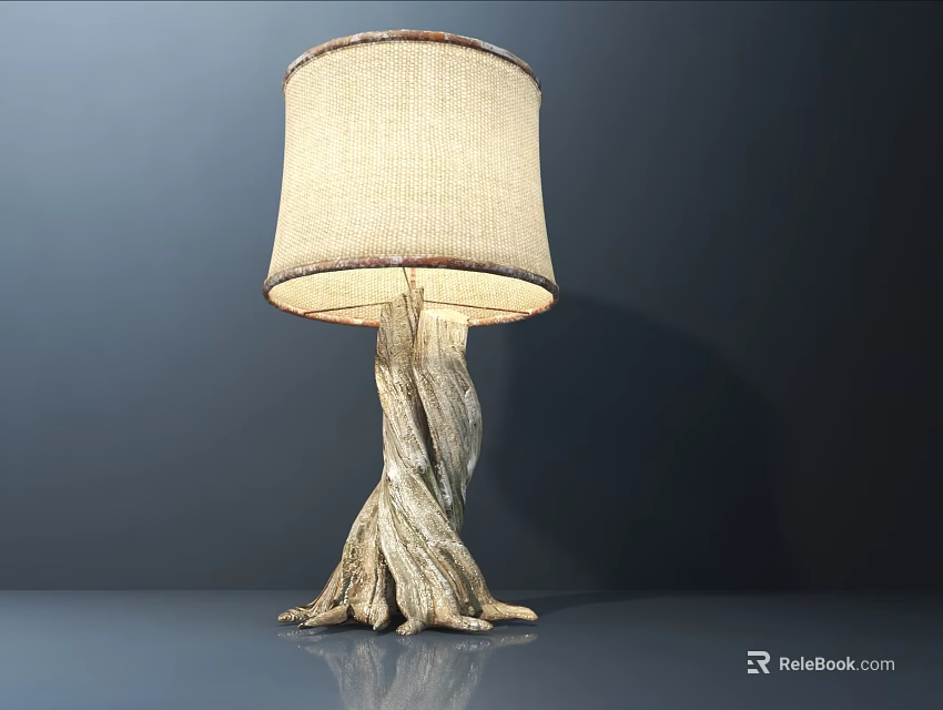 Unique Tree Root Base Table Lamp With Beige Woven Lampshade On Smooth Surface Dark Background 3d model