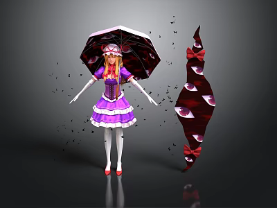 Anime Girl In Purple Dress With Decorative Umbrella Eye Patterned Ornament And Falling Shattered Pieces 3d model