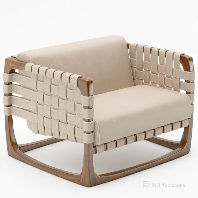 Modern Minimalist Single Sofa With Beige Cushion And Woven Wooden Armrests 3d model 