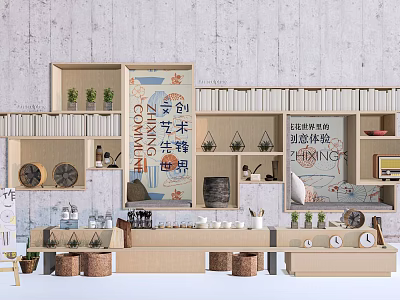 Modern Storage Shelves With Stacked Books Green Plants Ceramic Pots And Wooden Clock 3d model