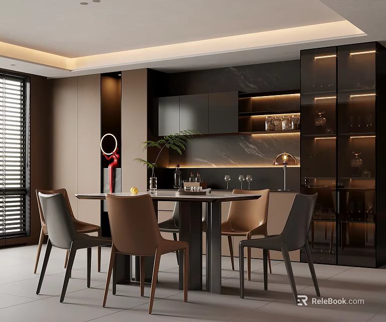 Modern Dining Room Interior With Round Table Chairs Open Glass Door Cabinets And Warm Lighting 3d model 
