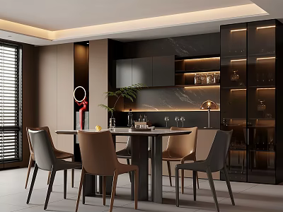 Modern Dining Room Interior With Round Table Chairs Open Glass Door Cabinets And Warm Lighting 3d model