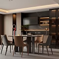 Modern Dining Room Interior With Round Table Chairs Open Glass Door Cabinets And Warm Lighting
