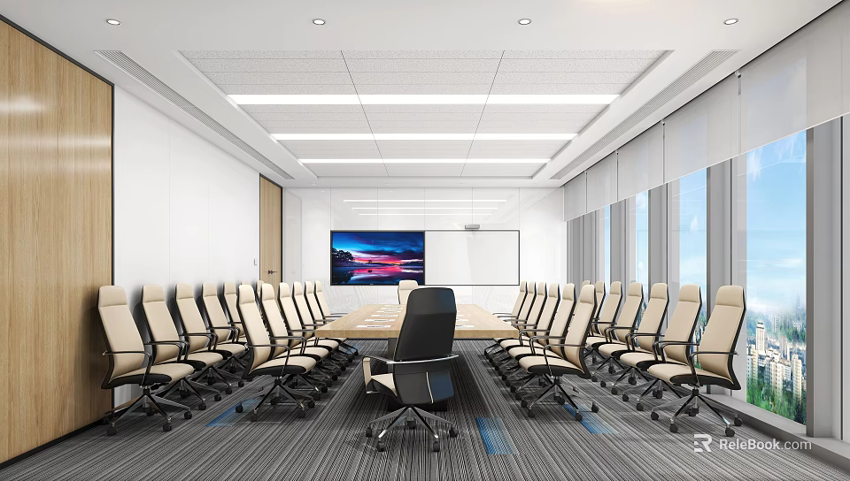 Modern Conference Room With Long Table Ergonomic Chairs Large Screen Whiteboard And Natural Light 3d model 