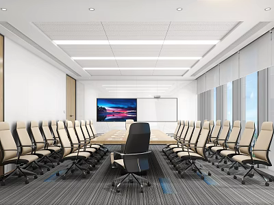 Modern Conference Room With Long Table Ergonomic Chairs Large Screen Whiteboard And Natural Light 3d model