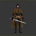 Game and Movie Character Wearing Brown Cloak Holding Silver Sword With Dark Hair 3d model