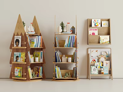 Creative Wooden Bookshelves with Gabled Roof and Multi-tiered Design Holding Books and Decorative Ornaments 3d model