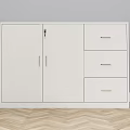 White Storage Cabinet With Two Doors Three Drawers Light Gray Wall Herringbone Wood Floor