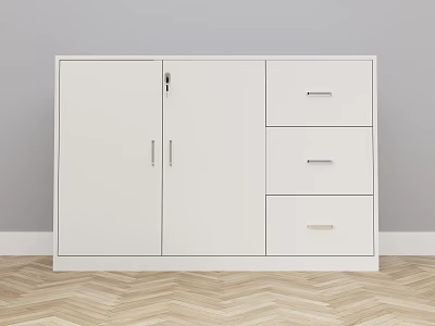 White Storage Cabinet With Two Doors Three Drawers Light Gray Wall Herringbone Wood Floor 3d model
