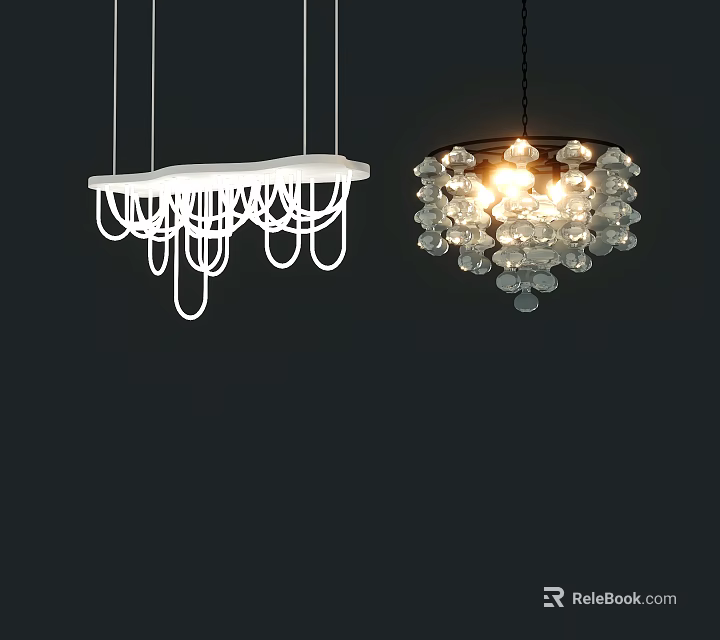 Modern White Linear And Crystal Beaded Chandeliers With Glowing Light Design 3d model