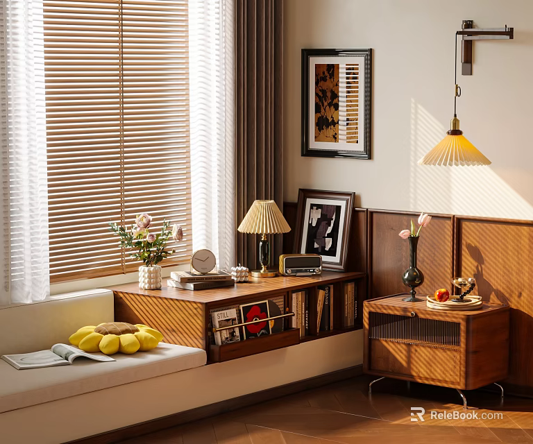 Cozy Living Room Interior With Window Blinds Sofa Wooden Cabinet And Decorative Items 3d model 