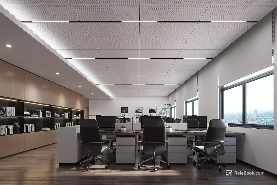 Modern Public Office Space with Desks Office Chairs Computers Ceiling Lights and Large Windows 3d model
