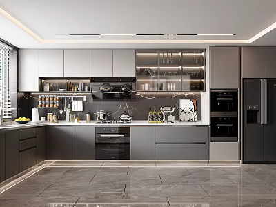 Modern Kitchen Interior Design With Gray Cabinets Marble Countertop Built in Oven And Refrigerator 3d model