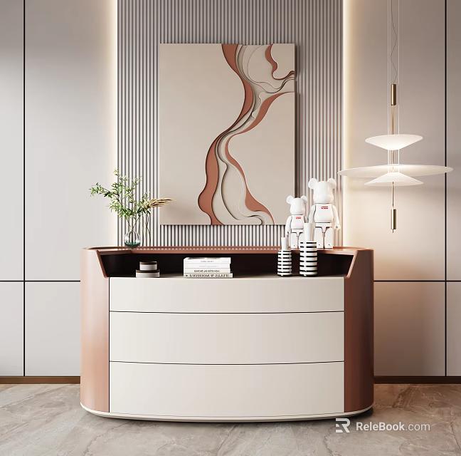 Modern Elegant Console Cabinet Interior With White Brown Finish Decorative Vase Plant Artwork And Lamp 3d model 