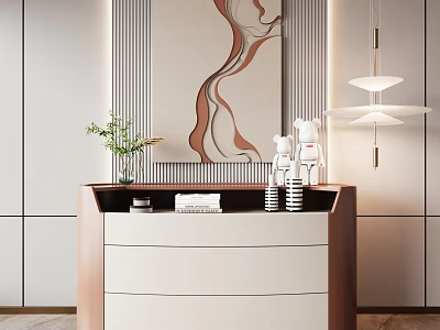 Modern Elegant Console Cabinet Interior With White Brown Finish Decorative Vase Plant Artwork And Lamp 3d model