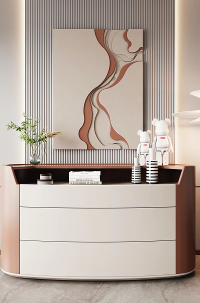Modern Elegant Console Cabinet Interior With White Brown Finish Decorative Vase Plant Artwork And Lamp 3d model