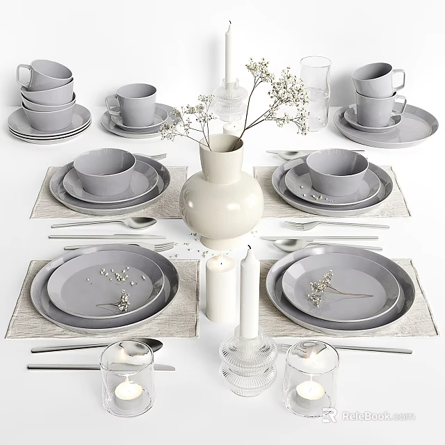 Gray Dinnerware Set With Plates Cups Cutlery Vase Candles And Table Setting 3d model 