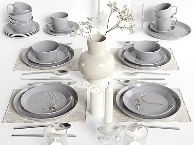 Gray Dinnerware Set With Plates Cups Cutlery Vase Candles And Table Setting 3d model