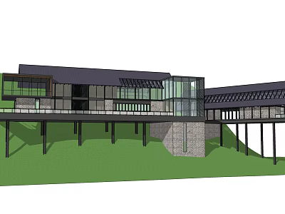 Modern Detached Villa With Large Glass Windows And Cantilevered Structure On Sloped Terrain 3d model