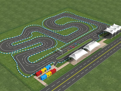 Winding Go Kart Track With Green Grass White Tents And Colorful Containers 3d model