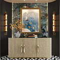 Elegant Entryway Console Table With Decorative Painting Golden Hardware Vase And Stacked Books