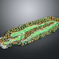 Detailed Golf Course Model With Green Lawn Winding Fairways And Trees