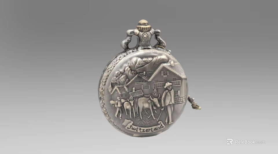 Antique Silver Pocket Watch With Engraved Figures Cow And House Souvenir Inscription 3d model 
