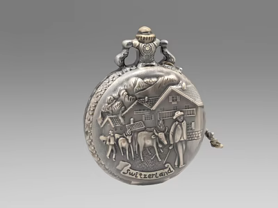 Antique Silver Pocket Watch With Engraved Figures Cow And House Souvenir Inscription 3d model