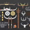 Traditional Tribal Style Wall Decor With Bull Horns Totem Poles And Carved Ornaments