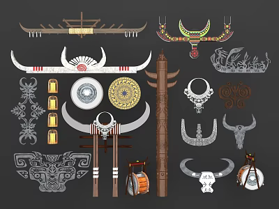 Traditional Tribal Style Wall Decor With Bull Horns Totem Poles And Carved Ornaments 3d model