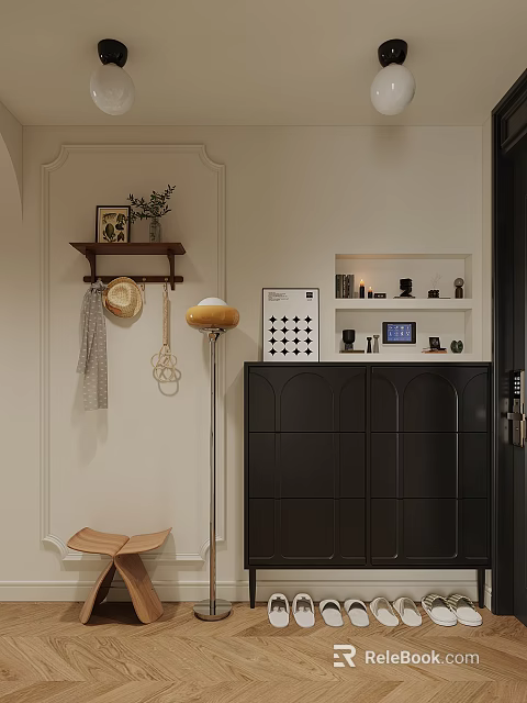Minimalist Modern Entryway Hallway Interior Design With Black Cabinet Wall Shelf And Floor Lamp 3d model 