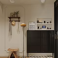 Minimalist Modern Entryway Hallway Interior Design With Black Cabinet Wall Shelf And Floor Lamp
