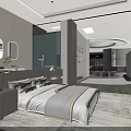 Modern Bedroom Furniture Store With Stylish Bed Nightstand And Pendant Light