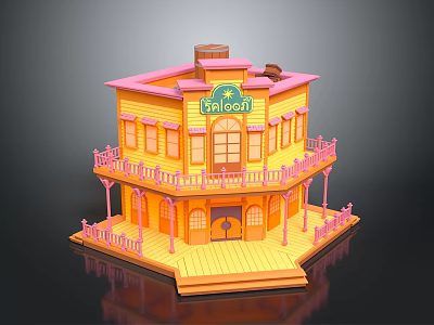 Vibrant Two Story Palomino Building 3D Model With Yellow Exterior Pink Balconies And Wooden Porch 3d model