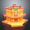 Vibrant Two Story Palomino Building 3D Model With Yellow Exterior Pink Balconies And Wooden Porch