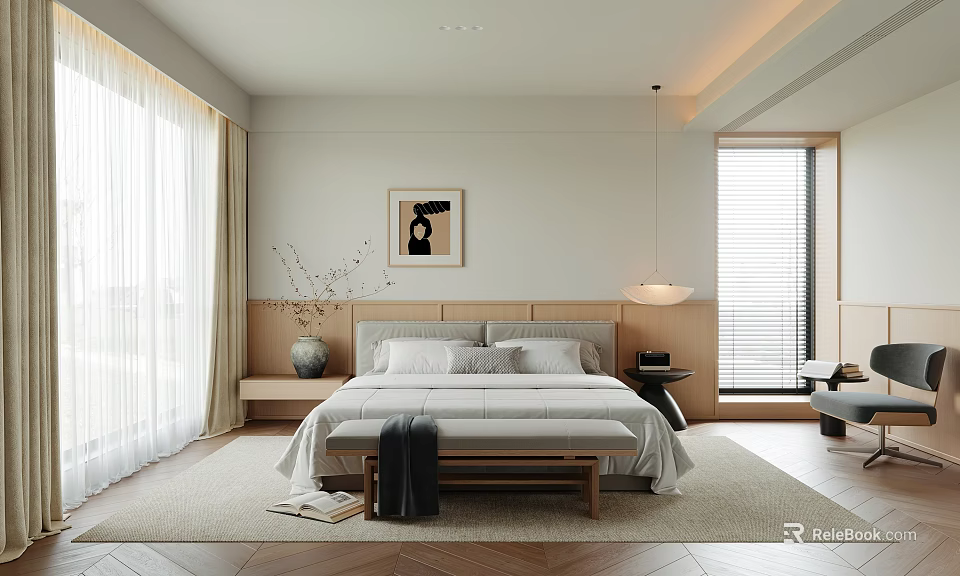 Serene Bedroom Interior With Wooden Headboard White Curtains Wall Art And End Of Bed Bench 3d model 