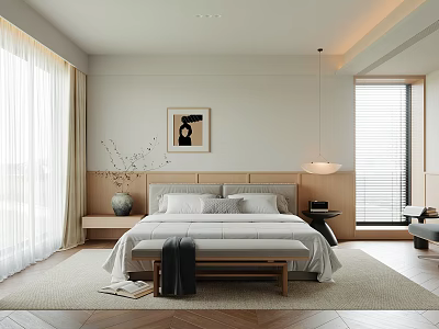 Serene Bedroom Interior With Wooden Headboard White Curtains Wall Art And End Of Bed Bench 3d model