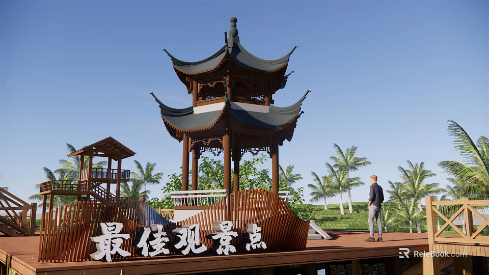 Best Viewing Spot With Traditional Chinese Pavilion And Palm Trees 3d model 